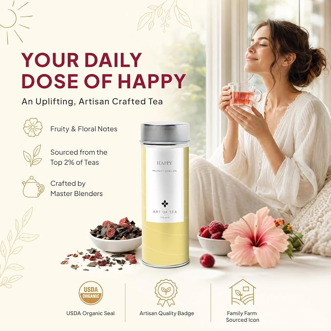 Art of Tea Happy Tea 2oz Loose Leaf Green Tea Tin, Fruity Jasmine Green Tea with Raspberry & Hibiscus, Premium Loose Leaf Tea for Natural Energy Support