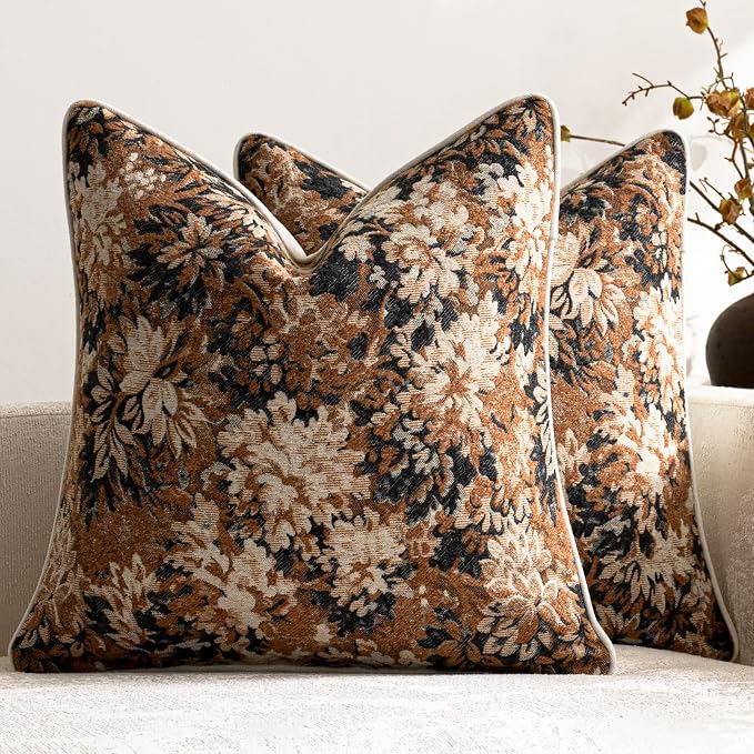 Pack of 2 Vintage Floral Euro Sham Covers 24x24 Boho Farmhouse Accents Chenille Square Decorative Throw Pillow Cases for Living Room Couch Bed Home Decor, Cognac