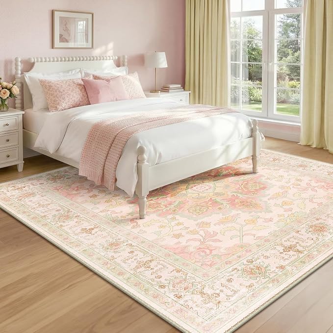 CAPALOCA Square 6ft Washable Nursery Girls Low Pile Area Rug Pink Green | Non-Slip Soft Rugs for Bedroom Kids Playroom Living Room, Print Pattern Water Repellent Carpet Indoor Decor
