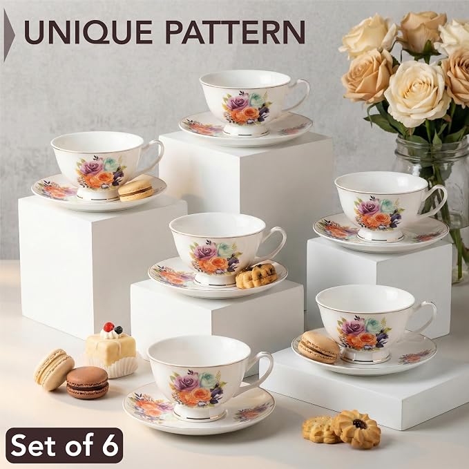 BTaT- Floral Tea Cups and Saucers, 8 oz, Fine Porcelain Teacup Set with Gold Trim for Afternoon Tea, Weddings, Parties & Gifting, Dishwasher Safe, Lightweight, Non-Toxic, Set of 6