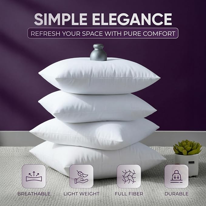 Beddora Throw Pillows (Set of 4, White) 18x18 Pillow Inserts Down Alternative, Throw Pillows for Couch, Bed or Sofa- Fluffy Decorative Stuffer Pillow for Indoors & Outdoors