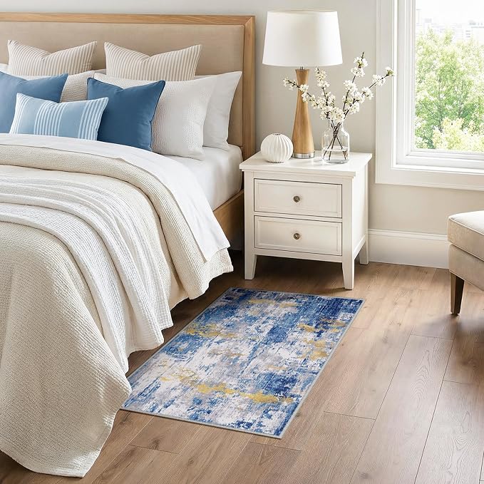 RELEANY Washable 3'x4' Abstract Area Rug for Living Room Blue Gold | carpet for bedroom, kitchen, office, hallway and entryway, printed pattern, non-slip, soft, stain-resistant, easy to clean