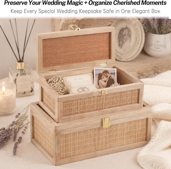 Natural Bamboo Decorative Box with Lids, Unique Decorative Boxes Set of 2, Boho Wedding Keepsake Box, Memory Box with Lid for Crafts, trinkets and Photo Storage