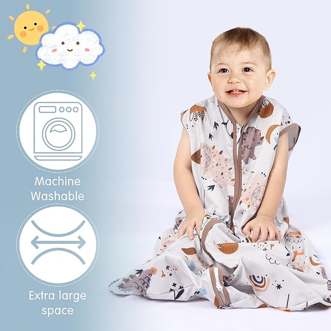 BSTOPPT 3 Pack Baby Sleep Sack 100% Rayon Cotton Baby Sleeping Bag 2-Way Zipper Toddler Wearable Blankets TOG 0.3. (Fox&Dinosaurs&Dark gray, 12-18 Months)