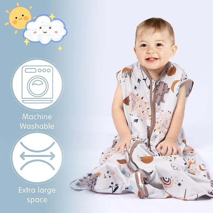 BSTOPPT 3 Pack Baby Sleep Sack 100% Rayon Cotton Baby Sleeping Bag 2-Way Zipper Toddler Wearable Blankets TOG 0.3. (Fox&Dinosaurs&Dark gray, 6-12 Months)