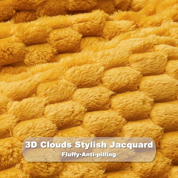 NEWCOSPLAY Super Soft King Blanket Mustard Yellow Premium Silky Flannel Fleece 3D Clouds Stylish Jacquard Lightweight Bed Blanket All Season Use 350GSM (Mustard Yellow, King(90"x110"))