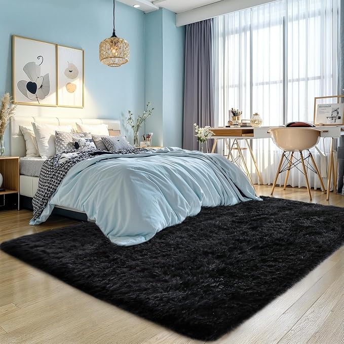 5x8 Thick Black Fluffy Shag Rug for Bedroom, Plush Washable Carpet | Area Rug for Living Room, Kids Nursery, Boys Girls Dorm Room, Non Slip Shaggy Floor Carpet
