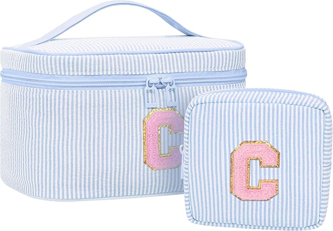 MONSTINA Personalized Initial Makeup Bag| Toiletry Bag for Girls&Women,Make Up Case for Girlfriend Bridesmaid Wife,Birthday Gift for Her Cute,2PCS,Blue C