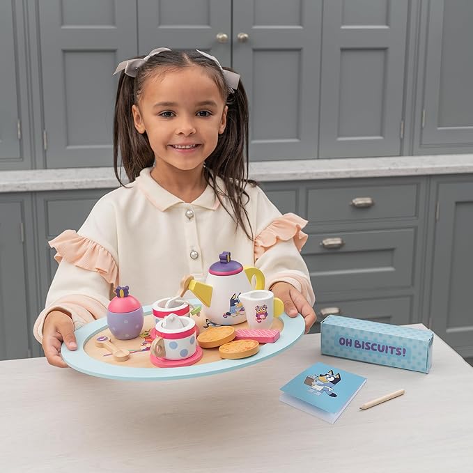 8th Wonder Bluey Toys Wooden Tea Party Set, 18-Piece Durable Toy Tea Set with Tray, Teapot, Teaspoons, and More, Pretend Play for Toddlers of Ages 3+