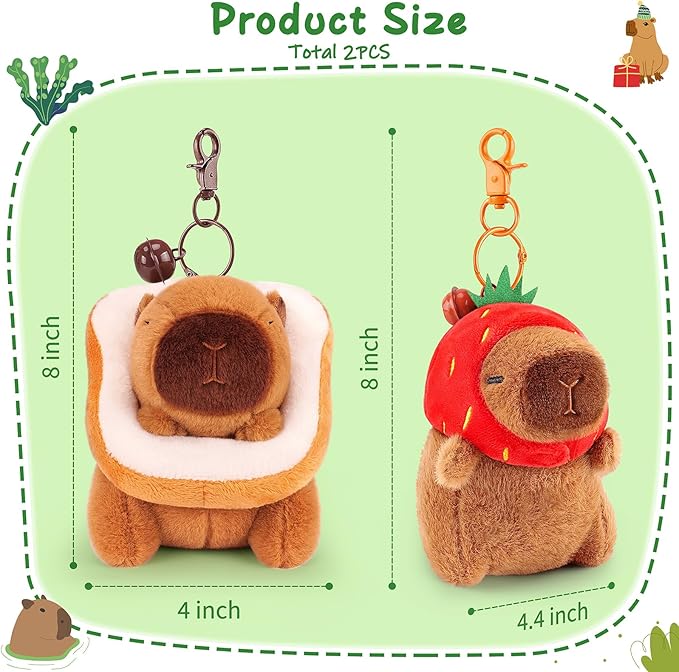 Achwishap 2PCS Capybara Plush Keychain,Cute Keychain Capybara Stuffed Animal,Soft Capybara Plushies Toys Key Chain,Kawaii Plush Stuffed Toys for Kids Adults(Capybara Strawberry Hat,Capybara Bread)