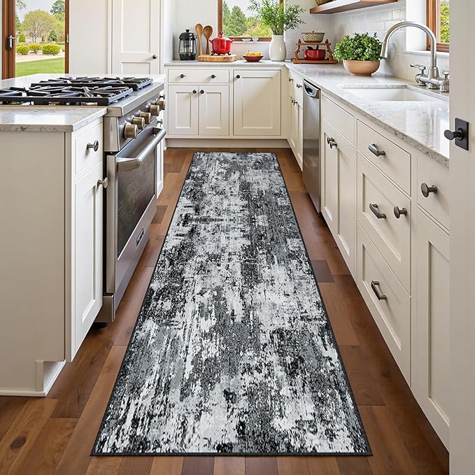 RELEANY Washable Runner 2'x6' Abstract Area Rug for Hallway Black White | carpet for kitchen, entryway, bathroom, living room, bedroom, printed pattern, non-slip, soft, stain-resistant, easy to clean