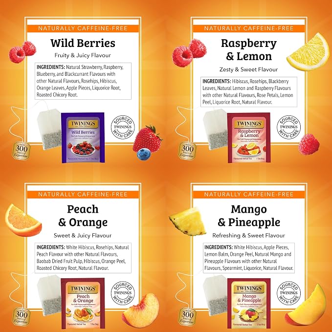 Twinings Herbal Variety Sampler Pack, 20 Count (Pack of 4). Includes Raspberry & Lemon, Mango & Pineapple, Wild Berries and Peach & Orange. Refreshing & Fruity, Naturally Caffeine- Free, 80 Individually Wrapped Tea Bags.