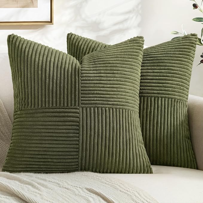 MIULEE Olive Green Decorative Throw Pillow Covers for Couch 18x18 Inch | 2 Pack, Boho Farmhouse Pillow Covers, Soft Cross Corduroy Patchwork Textured Cushion Cases For Bed Sofa