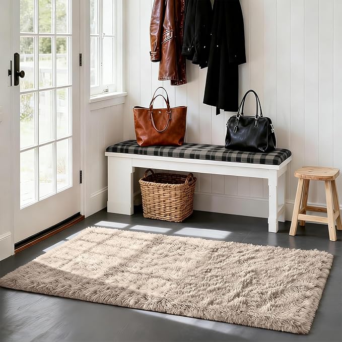 Soft Runner Rugs for Bedroom, Beige 2x6 Area Rugs Fluffy Rug Shag Area Rug Carpet, Bedside Rug for Living Room Bedroom Room Home Decor