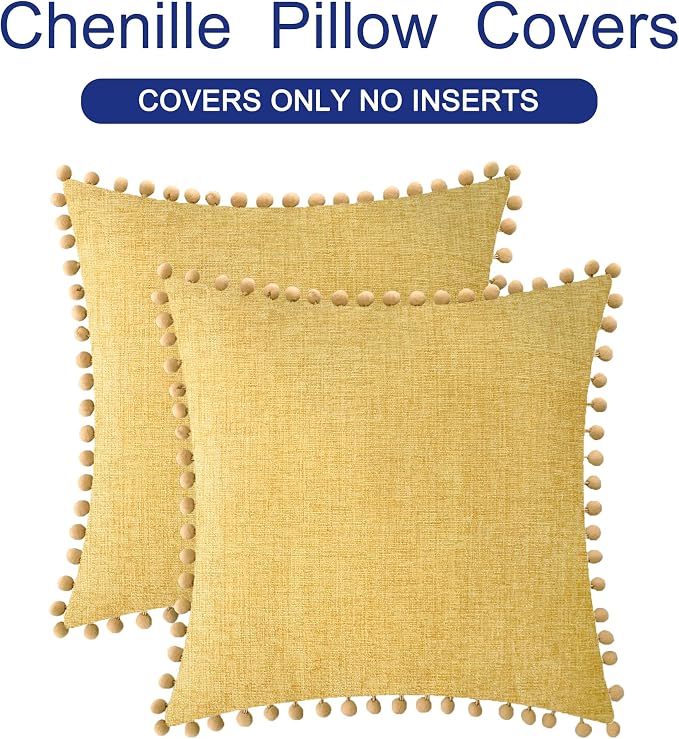 CaliTime Decorative Couch Throw Pillow Covers 22 X 22 Inches Gold | Pack of 2, Cozy Chenille Cushion Cases, with Pom Poms for Sofa Bed Living Room Farmhouse Home