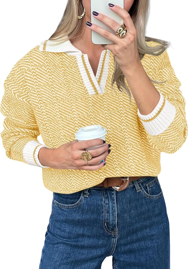 Saodimallsu Womens Fall Sweaters Tops Lapel V Neck Knit Color Block Shirt | Winter,Long Sleeve,Casual,Soft,Pullover,Cozy,Ribbed,Ladies,Chunky,Warm Sweaters,Checkered,Tunic,Work