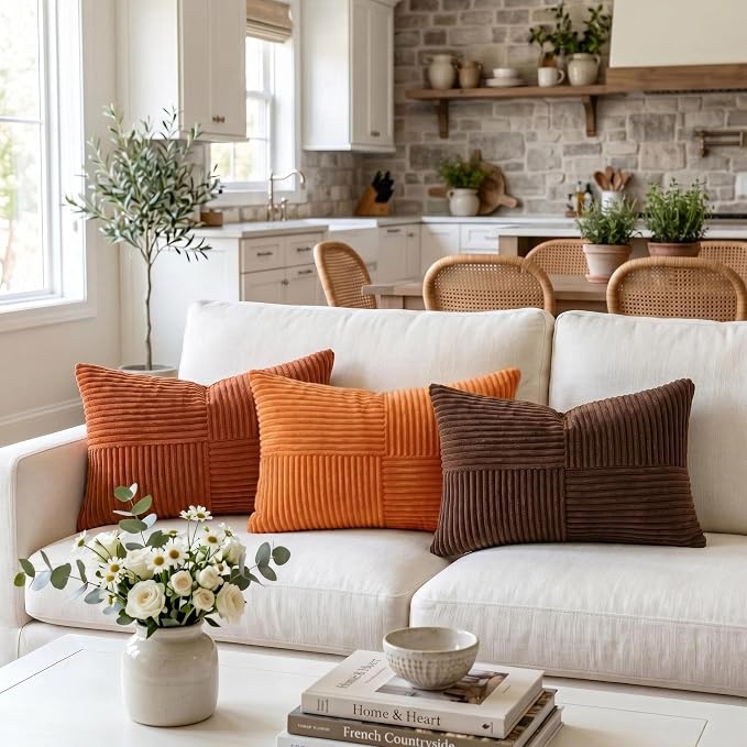 Fancy Homi 2 Packs Burnt Orange Lumbar Decorative Throw Pillow Covers 14x24 Inch for Couch Bed Sofa, Farmhouse Boho Home Decor, Soft Striped Corduroy Rectangle Accent Cushion Case 35x60 cm