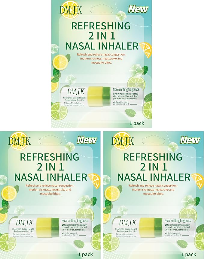 Zonebutton Nasal Inhaler Stick Pack of 3, Aromatherapy Essential Oil Inhaler with Menthol & Mint, Cooling Herbal Scent for Daily Refresh, Focus, Home, Work & Travel(Lemon)