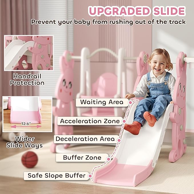 Qaba 4 in 1 Toddler Slide and Swing Set, Kids Playset for Ages 1.5-4, Rabbit Themed Children Slide Playground with Climber, Basket Hoop, for Indoor Outdoor Backyard, Pink