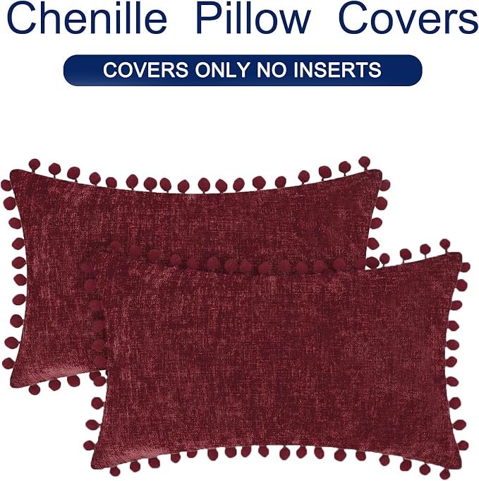 CaliTime Decorative Couch Throw Pillow Covers 20 X 12 Inches Burgundy | Pack of 2, Cozy Chenille Cushion Cases, with Pom Poms for Sofa Bed Living Room Farmhouse Home