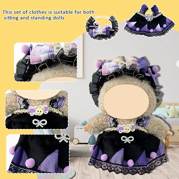 Doll Clothes for Labubu,Cute Outfit for 17cm Doll Clothe 2/3PCS Clothes and Hats Stylish Dolls Clothe for 17 cm Labubu,Casual Style Costumes for Labubu Dolls (Kurromii Style Set)