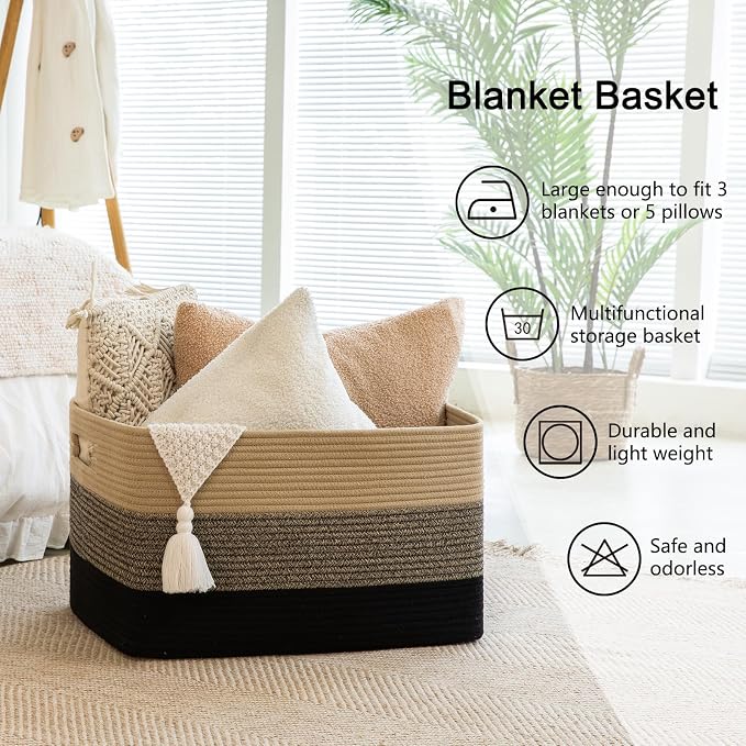 OIAHOMY 108L Super Large Blanket Basket, 25”x16”x16” Rectangle Woven Baskets for Storage, Cotton Rope Basket For Living Room, Toy Storage with Handle - Yellow Black