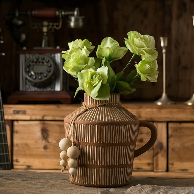 Mowtanco Rustic Farmhouse Vase with Handle and Boho Wooden Beads - Terracotta Vase with Vertical Stripes for Vintage Home Decor