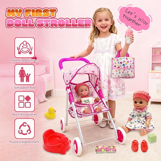 Baby Doll Stroller Set Interactive Baby Doll Eyes Open & Close with Doll Accessories Pretend Play Playset Realistic Baby Stroller Toy for Kids Toddlers Girls Ages 3+