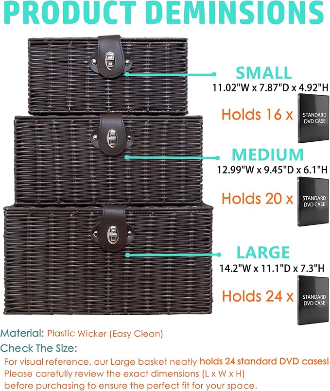 Set of 3 Woven Wicker Storage Basket Box with Lids & Lock, Built-in Carry Handles, Multifunctional Storage Organizer for Nursery, Baby, Clothes, Toys, Books, Large/Medium/Small Size (Brown)