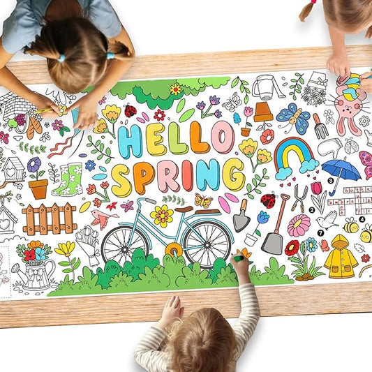 Gatherfun Hello Spring Giant Coloring Poster for Classroom - 31.5x72 Versatile Spring Activity Poster/Table Cover for School Parties,Birthday & Special Events Decoration