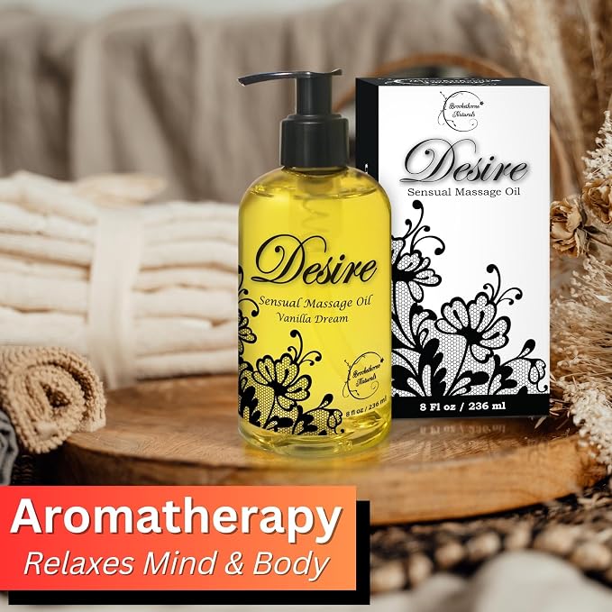 Desire Sensual Massage Oil for Date Night | Perfect for Couples | Hydrating Vanilla Body Oil | All Natural with Sweet Almond, Grapeseed & Jojoba for Smooth Glide 8oz