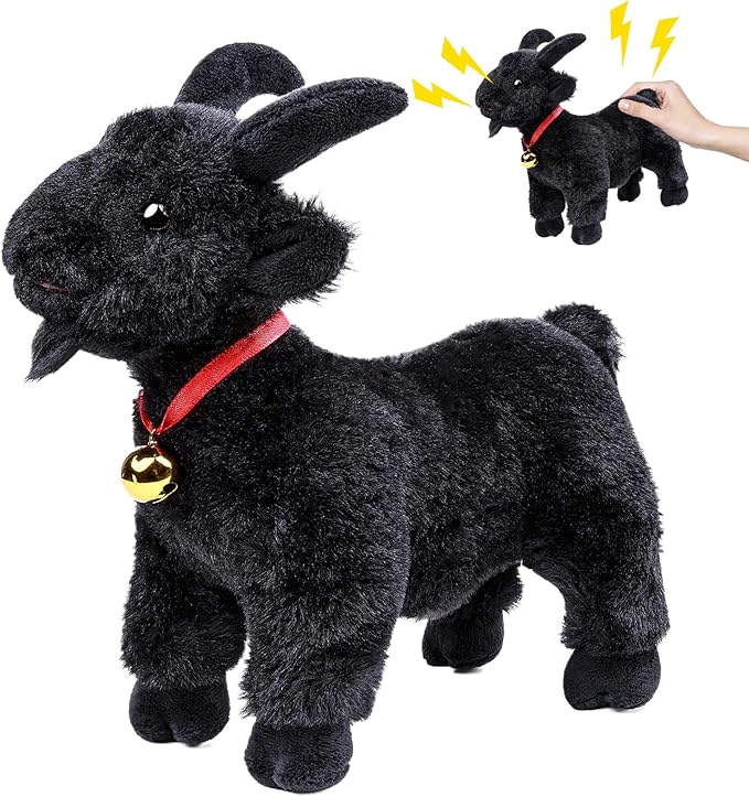 Screaming Standing Black Goat with Bell Plush Animal Toy 10in, Realistic Screaming Goat Plush Toy, Cute and Funny Black Goat Animal Plushies Model Gift Collection for Kids