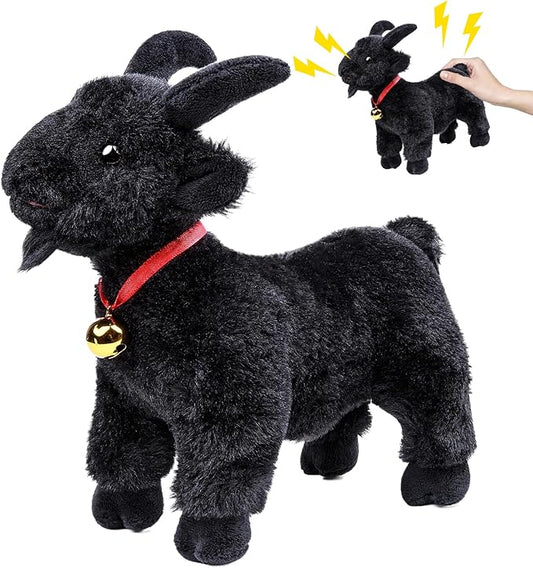 Screaming Standing Black Goat with Bell Plush Animal Toy 10in, Realistic Screaming Goat Plush Toy, Cute and Funny Black Goat Animal Plushies Model Gift Collection for Kids