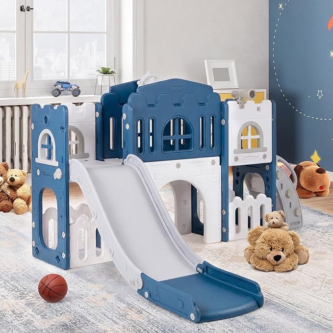 Costzon 8 in 1 Toddle Slide Playset, Freestanding Kids Slide w/Tunnel, Basketball Hoop, Toddler Climber Slide Playset Indoor Playground for Kids 1-3 w/Storage Space, Gifts for Boys Girls (Blue)
