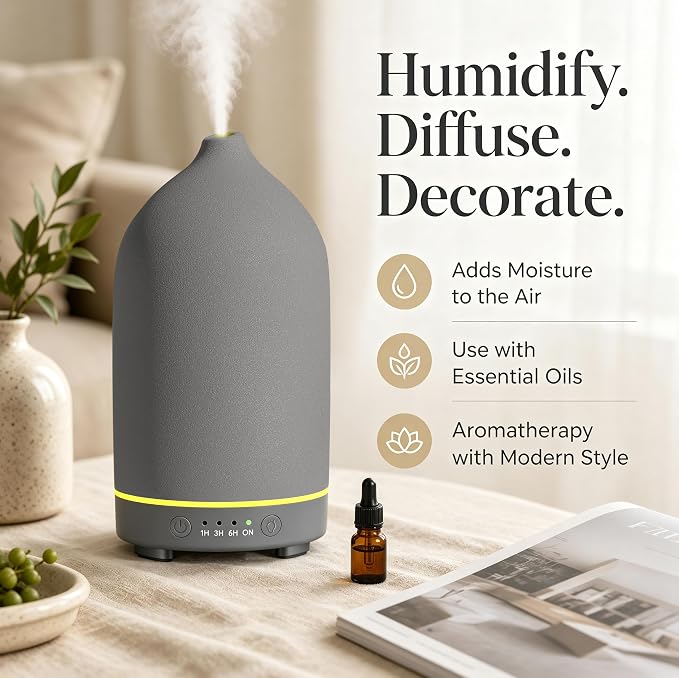 Gooamp 200ML Ceramic Essential Oil Diffuser - Ultrasonic Aromatherapy & Humidifier with 7-Color LED Lights, Auto Shut-Off, Grey, 1H/3H/6H Timer | Scent for Home,Office,Yoga