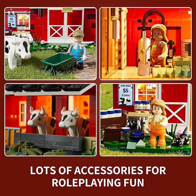 FUNWHOLE Farm Cow-Barn Lighting Building-Bricks Set - Farm Life Cow Barn House Collection LED Light Building Construction Set 1368 Pcs for Adults and Teen
