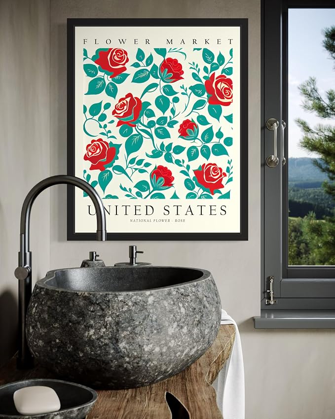 United States, Rose Art Print Poster, Flower Market Wall Art, Floral Artwork Decor for Bedroom, Kitchen, Bathroom, Livingroom Decoration 52 (United States, Rose, 24"L x 18"W, Black Frame)