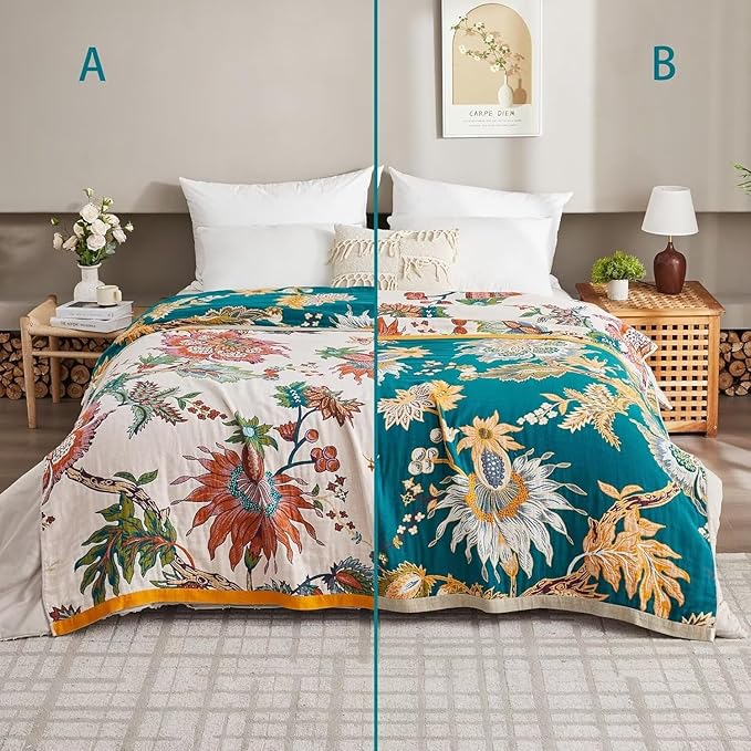 Boho Throw Blanket for Bed 100% Cotton Bohemian Blankets Ultra Soft Woven Muslin Decorative Blankets All Seasons Vintage Quilt Knitted Blanket for Sofa Chair(Beige, 60"x80")