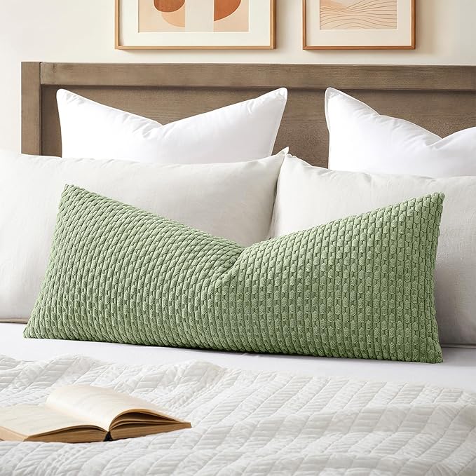 Kevin Textile Soft Corduroy 14"x36" Lumbar Pillow Cover 1 Pack, Sage Green | Boho Stripe Plush Corduroy Decorative Oblong Cushion Cover Modern Farmhouse Home Decor for Sofa Couch Bed Chair
