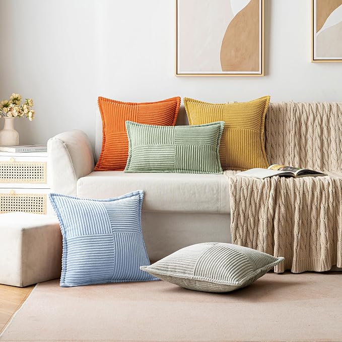 MIULEE Decorative Throw Pillow Covers for Couch 18x18 Inch Light Blue | 2 Pack, Boho Broadside Striped Patchwork Pillow Covers, Soft Corduroy Cushion Cases, For Sofa Bed Livingroom Home Decor