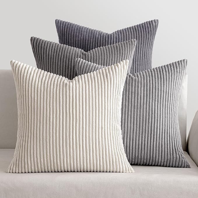 MIULEE Soft Corduroy Decorative Throw Pillow Covers Neutral Grey 20x20 | Set of 4, Mordern Minimalist Decor, Layered Gray Collection, Boho Farmhouse Cushion Covers for Couch Bed Sofa Living Room
