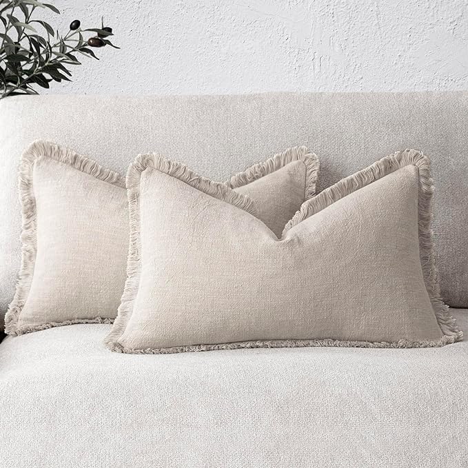 Foindtower Lumbar Decorative Linen Fringe Throw Pillow Covers 12×20 Beige | Set of 2 Cozy Accent Modern Pillowcase, Boho Farmhouse Soft Cushion Cover with Tassels, Home Decor for Sofa Couch Living Room