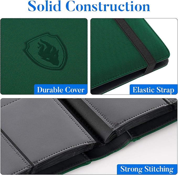 Premium 9 Pocket Card Binder for 360 Cards, Fabmaker PU Cover Trading Card Binder, Sturdy Card Collection Album, Sleek Card Holder Folders for Game Cards & Sports Cards, Dark Green