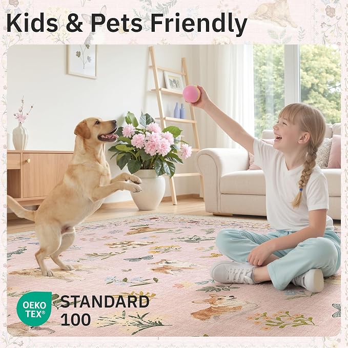 Soalmost Dog 6x9 Pink Area Rugs for Baby Girl Nursery, Washable Soft Rug | Floral Vintage Non-Slip Low Pile Cute Throw Rugs for Living Room Kitchen Dining Room Bedroom Nursery Playroom 5' x 7'