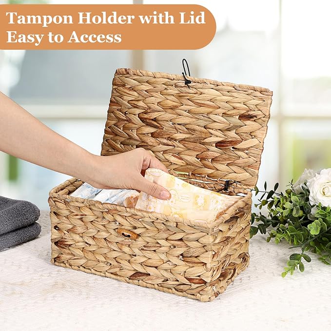 Sumnacon Woven Tampon Holder for Bathroom, Wicker Water Hyacinth Feminine Product Organizer with Lid, Farmhouse Rustic Tampon and Pad Organizer, Woven Storage Baskets Bin for Counter Toilet Tank