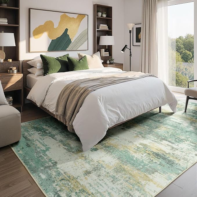 Rugflix 8x10 Area Rugs for Living Room, Washable Light Green Large Rug | Machine Washable; Stain-Resistant; Low Pile; Non-Slip; Modern Abstract; Carpet for Bedroom Dining Office Nursery Home