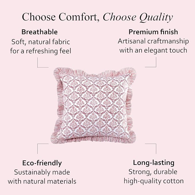 CPC Blush Rose Hand Block Print 100% Cotton Ruffle Throw Pillow Cover 18x18 inch with Hidden Zipper Decorative for Couch, Bed, Sofa, Farmhouse, Cottagecore Decor Gift Christmas Fall Thanksgiving
