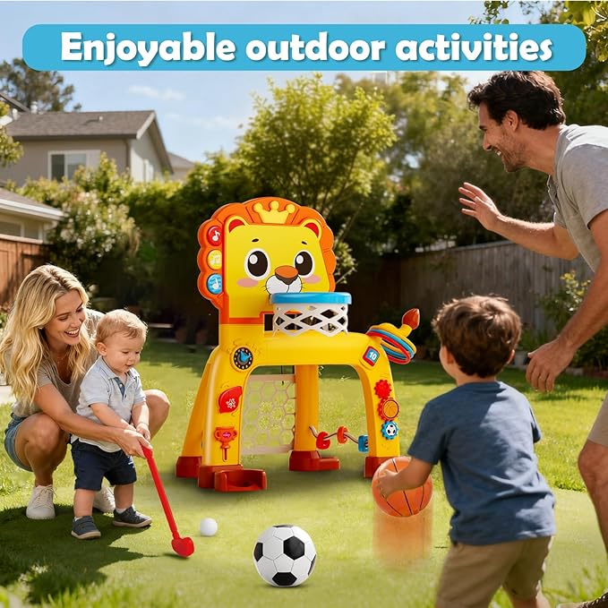 4-in-1 Toddler Basketball Hoop & Soccer Goal and Golf Toys, Interactive Lion Musical Sports Toys with Light for 1 2 3 Year Old Boys Girls, Baby Toy for 12-18 Months, Christmas Birthday Toy Gifts