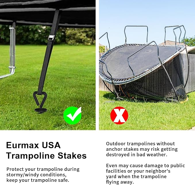 Eurmax USA 4 Pack Heavy Duty Ground Stakes,Industrial Grade Spiral Steel Screw-in Trampoline Anchors with 4 Reinforced Straps,High Wind Stabilizing Kit for Dog Tie-Out,Canopies,Sheds,Swing Sets,Black