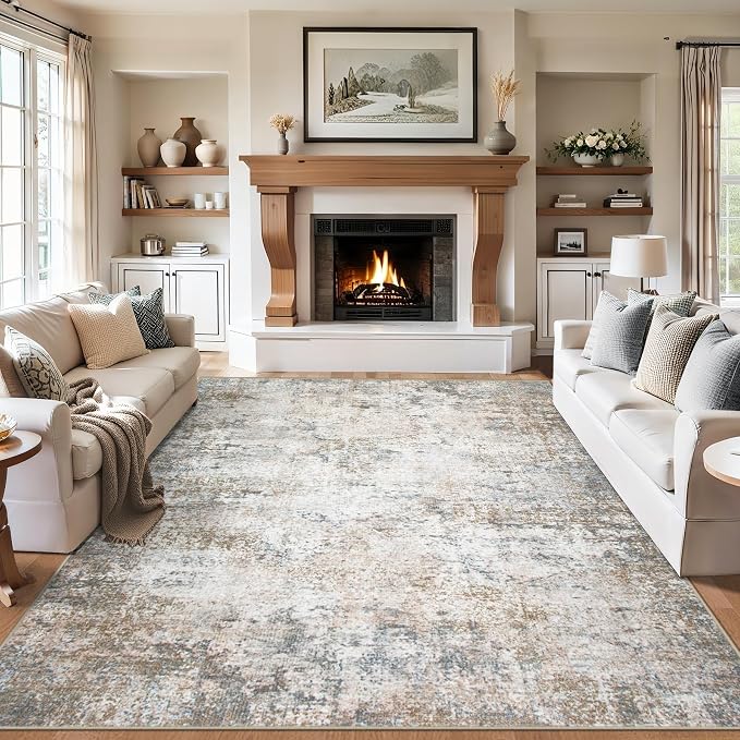 Area Rugs 9x12 Living Room - Washable Rug Modern Abstract Soft Large Neutral Non-Slip Carpet Indoor Floor Stain Resistant Thin Carpets for Bedroom Dining Room Farmhouse Nursery Home Office Brown Grey